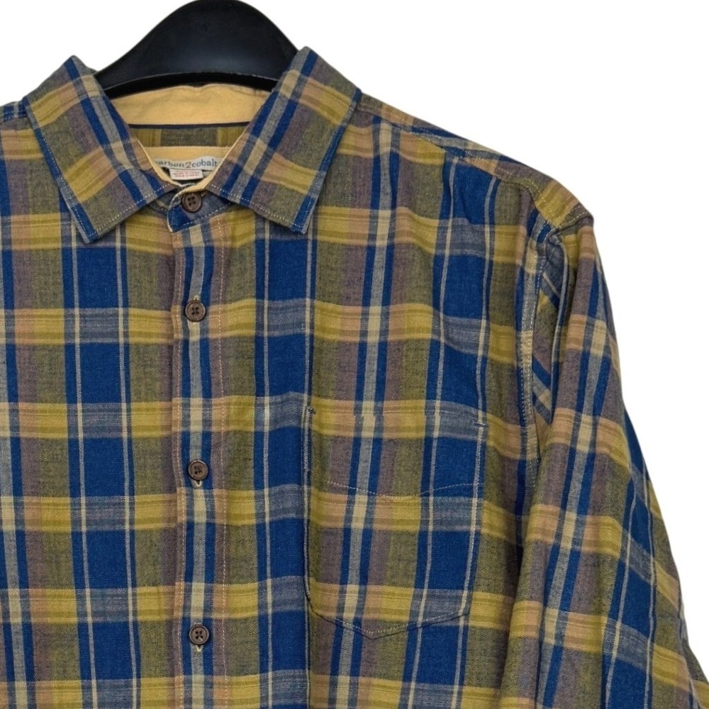 Carbon2Cobalt Shirt Mens L Soft Cotton Blue Yellow Plaid Button Down 133895